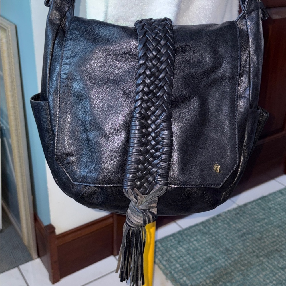Elliott Lucca shoulder bag leather black braiding & large tassel front NWOT